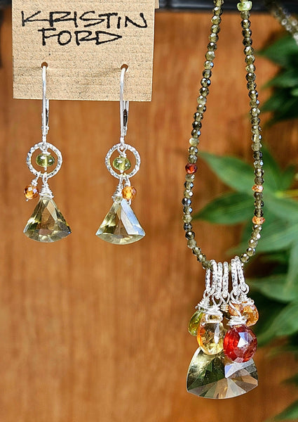 Olive Quartz, Olive Chrysoberyl, Hessonite Necklace  NGR1524