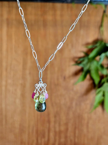 Green Apatite,  Peridot & Ruby Necklace   NGR2225