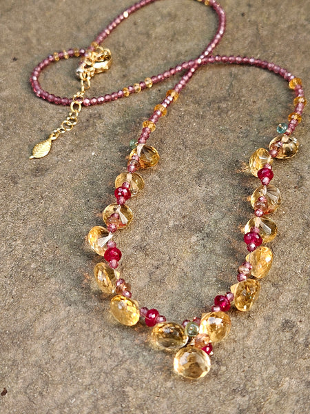 One of a Kind Citrine, Rhodolite, Ruby, Andalusite & Emerald Necklace