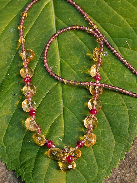 One of a Kind Citrine, Rhodolite, Ruby, Andalusite & Emerald Necklace