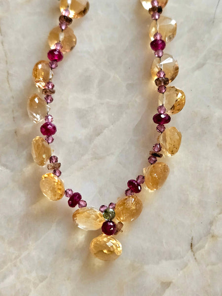 One of a Kind Citrine, Rhodolite, Ruby, Andalusite & Emerald Necklace