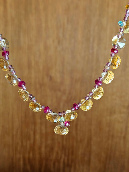 One of a Kind Citrine, Rhodolite, Ruby, Andalusite & Emerald Necklace