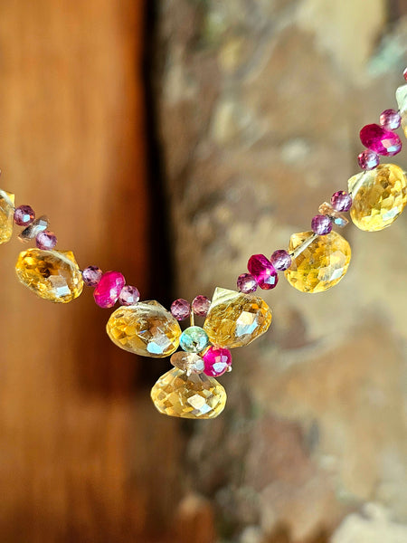 One of a Kind Citrine, Rhodolite, Ruby, Andalusite & Emerald Necklace
