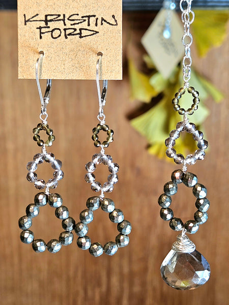 Pyrite, Smoky Quartz & Olive Chrysoberyl Earrings  EBK3025