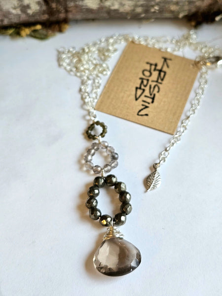 Smoky Quartz, Pyrite & Olive Chrysoberyl Necklace  NBK3025