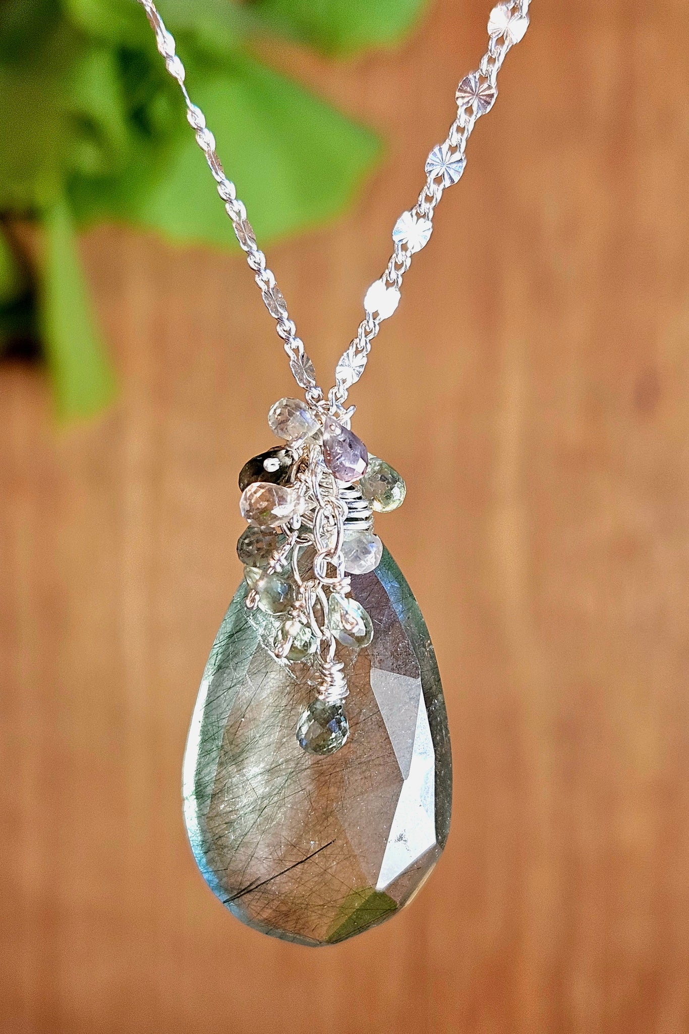 One of a Kind Green Rutilated Quartz & Sapphire Necklace