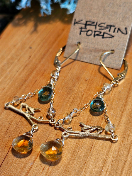 One of a Kind GF) Bird on a Branch, Citrine & Green Apatite Earrings