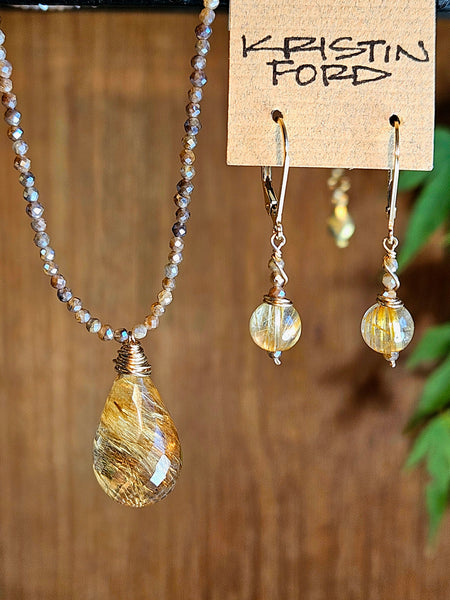 GF) Golden Rutilated Quartz & Chocolate "Mocha" Moonstone Necklace  NBR2725G
