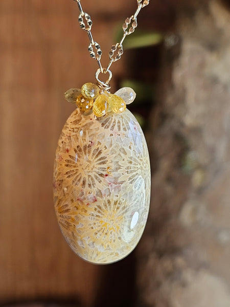 One of a Kind GF) Fossil Coral & Sapphire Necklace