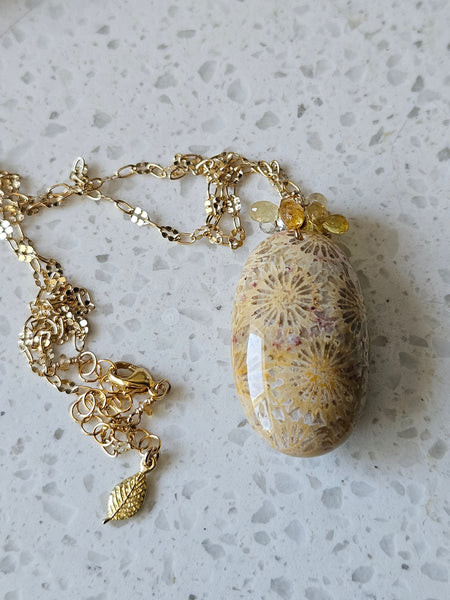 One of a Kind GF) Fossil Coral & Sapphire Necklace