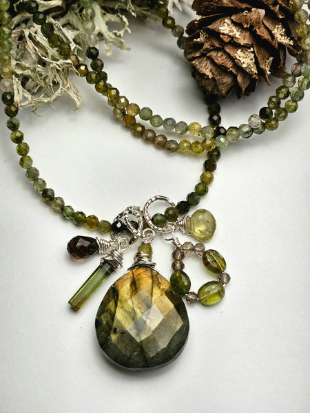 Green Tourmaline, Labradorite, Smoky Quartz & Grossular Garnet Necklace  NBK4225