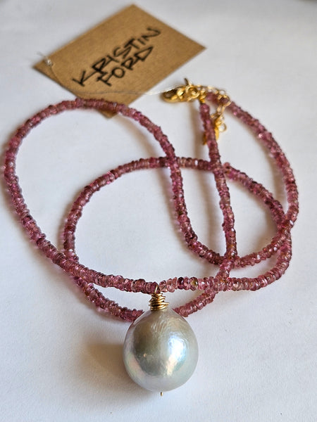 Platinum Pearl & Pink Tourmaline Necklace  NWH5025G