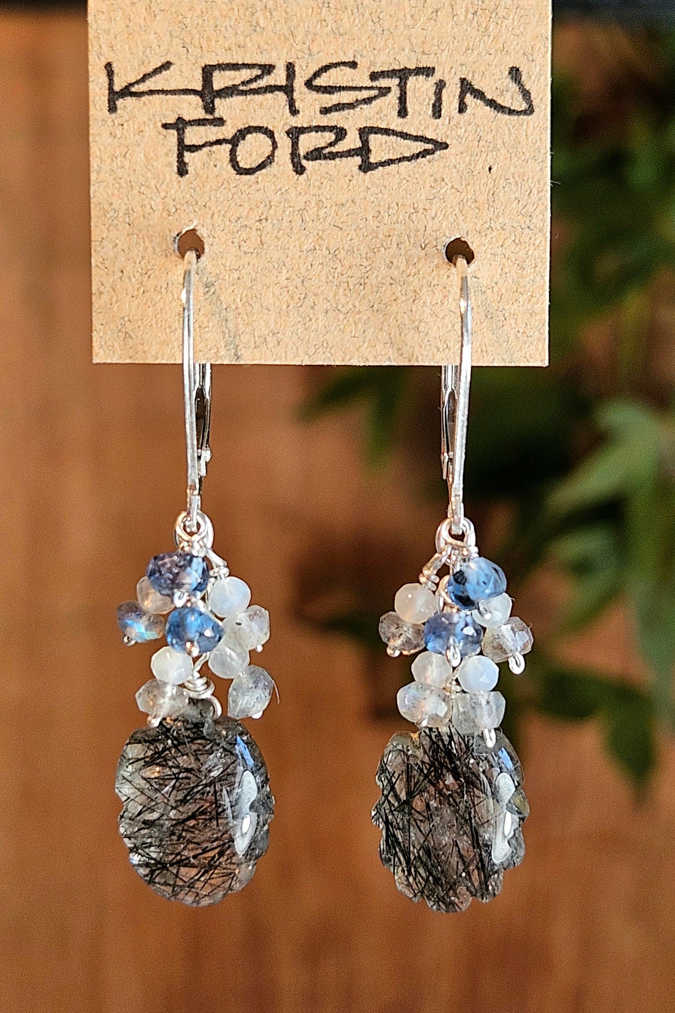 Carved Black Tourmalinated Quartz Earrings  EBK4425