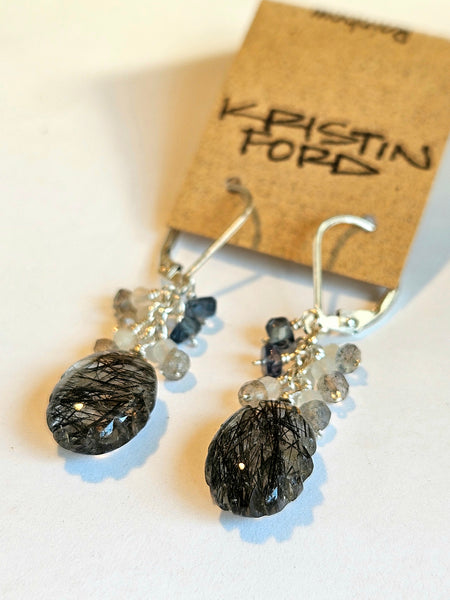 Carved Black Tourmalinated Quartz Earrings  EBK4425