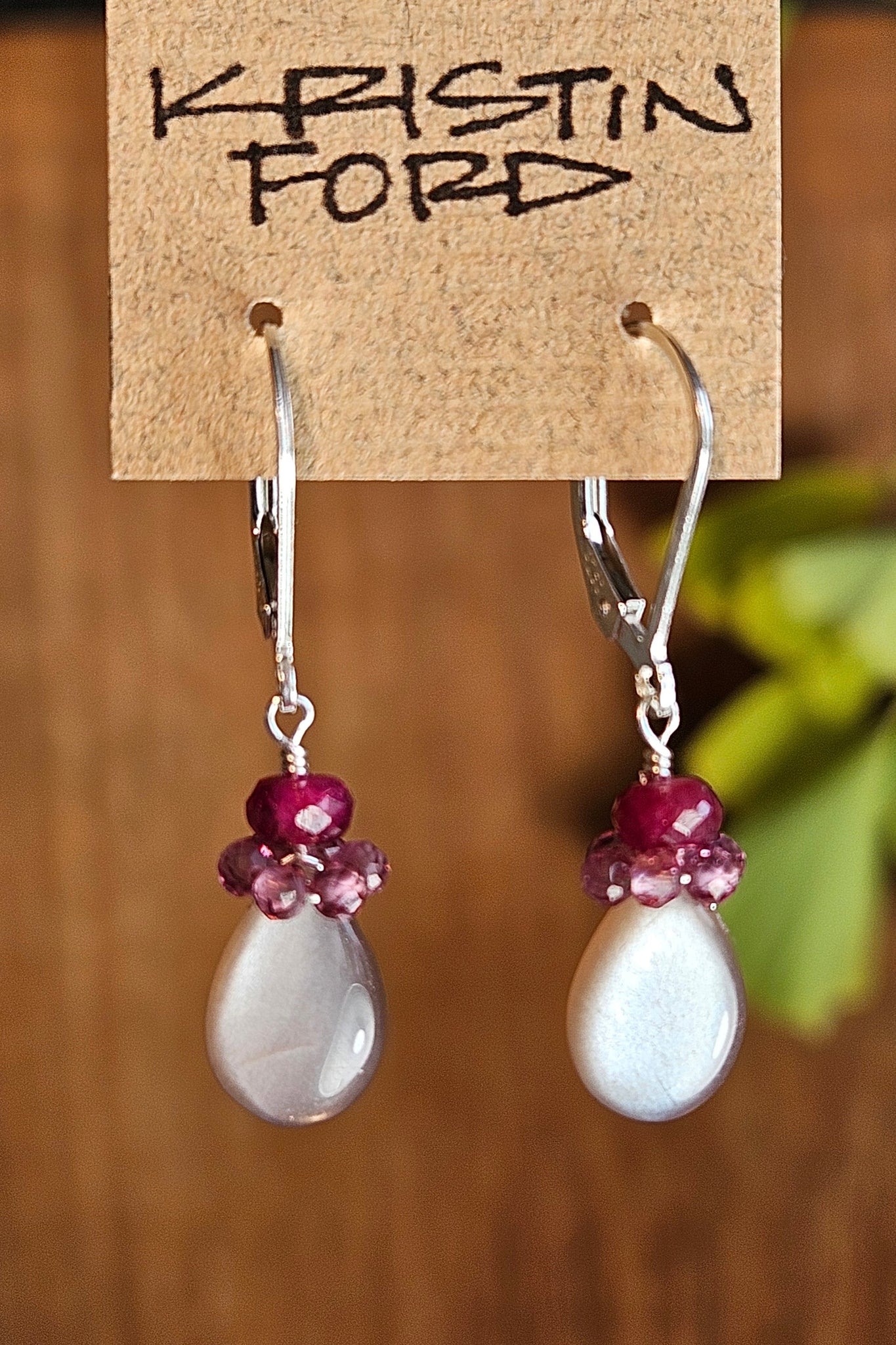 Chocolate Moonstone, Rhodolite Garnet & Ruby Earrings on Sterling Silver Lever back clasps.