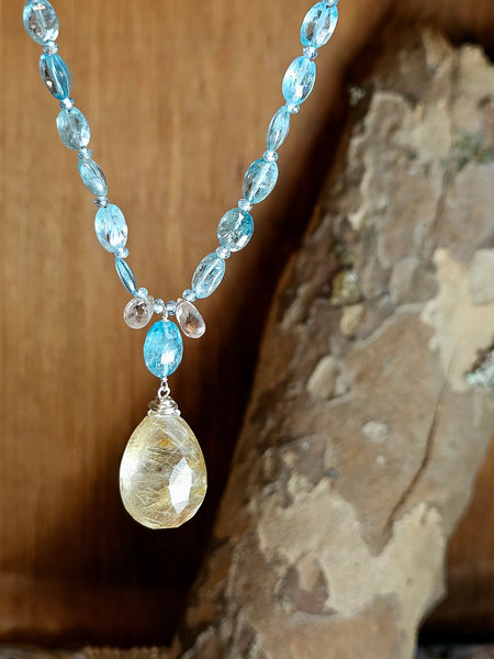 One of a Kind Golden Rutilated Quartz, Ocean Blue Kyanite & Apatite Necklace + Earring Set