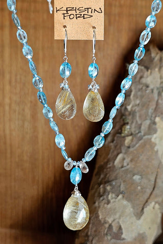 One of a Kind Golden Rutilated Quartz, Ocean Blue Kyanite & Apatite Necklace + Earring Set