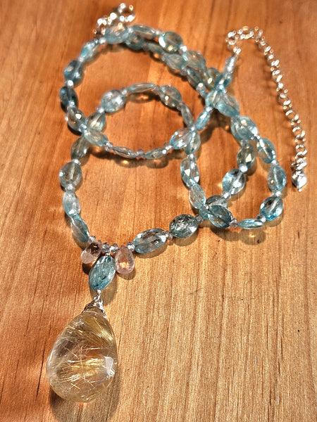 One of a Kind Golden Rutilated Quartz, Ocean Blue Kyanite & Apatite Necklace + Earring Set