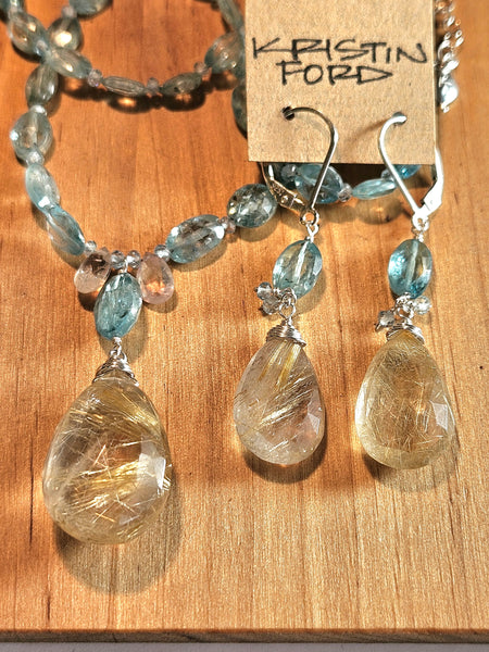 One of a Kind Golden Rutilated Quartz, Ocean Blue Kyanite & Apatite Necklace + Earring Set