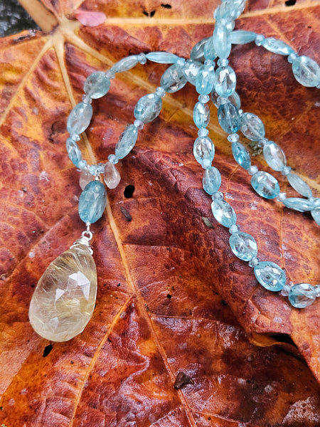 One of a Kind Golden Rutilated Quartz, Ocean Blue Kyanite & Apatite Necklace + Earring Set