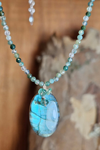 One of a KInd Labradorite, Emerald & Green Rutilated Quartz Necklace