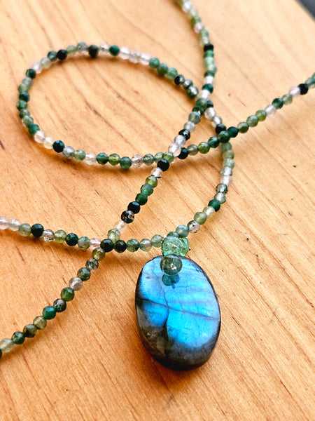 One of a KInd Labradorite, Emerald & Green Rutilated Quartz Necklace