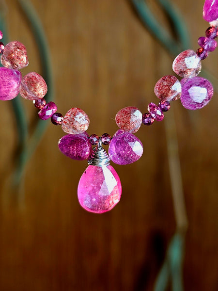One of a Kind Ruby, Red & Rose Sapphire, Garnet & Strawberry Quartz Necklace