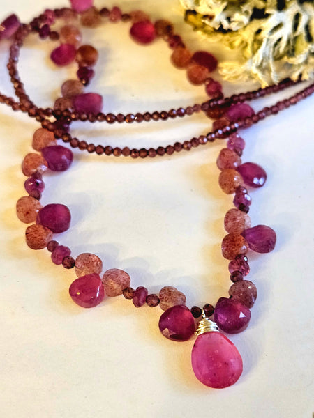 One of a Kind Ruby, Red & Rose Sapphire, Garnet & Strawberry Quartz Necklace