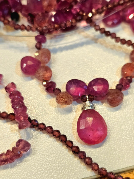One of a Kind Ruby, Red & Rose Sapphire, Garnet & Strawberry Quartz Necklace