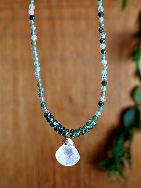 Rainbow Moonstone, Green Apatite & Green Rutilated Quartz Necklace  NWH0926