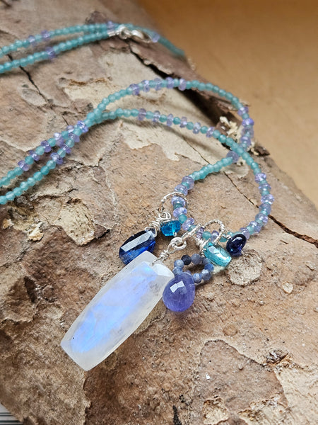 One of a Kind Rainbow Moonstone, Tanzanite, Kyanite, Sapphire & Apatite Necklace