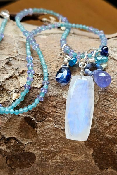 One of a Kind Rainbow Moonstone, Tanzanite, Kyanite, Sapphire & Apatite Necklace