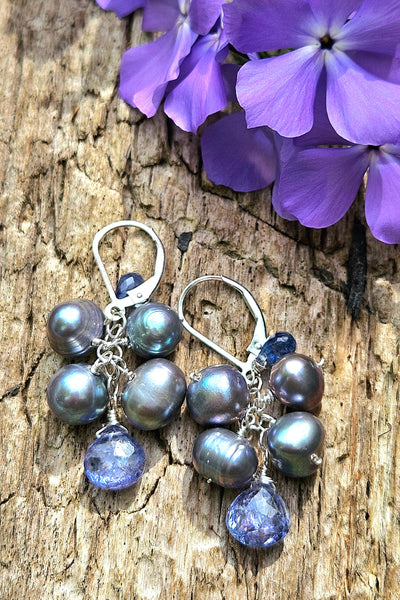 One of a  Kind Tanzanite, Sapphire & Pearl Earrings