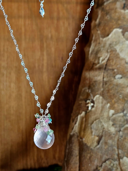 One of a Kind Rose Quartz, Emerald, Tsavorite, Pink Tourmaline & Pink Sapphire Necklace