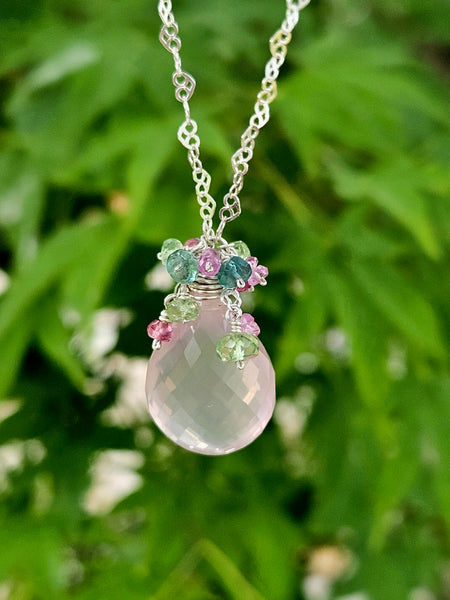 One of a Kind Rose Quartz, Emerald, Tsavorite, Pink Tourmaline & Pink Sapphire Necklace