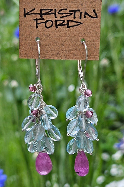 One of a Kind Ruby, Aquamarine & Rhodolite Earrings