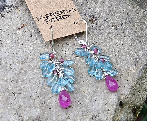 One of a Kind Ruby, Aquamarine & Rhodolite Earrings