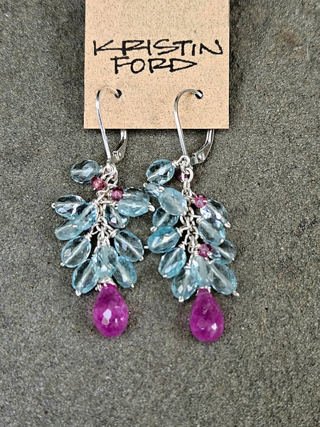 One of a Kind Ruby, Aquamarine & Rhodolite Earrings