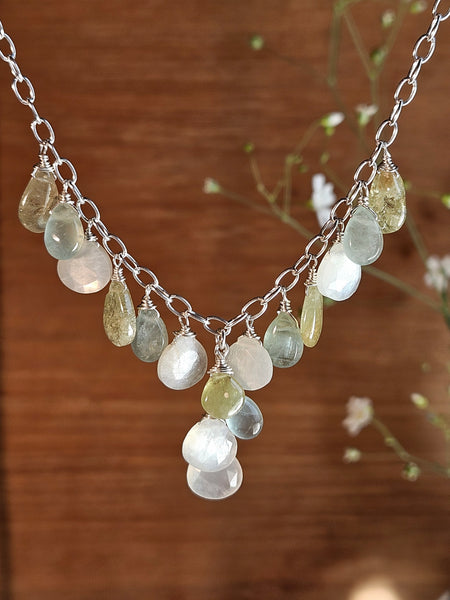 One of a Kind Moonstone, Aquamarine & Grossular Garnet Necklace