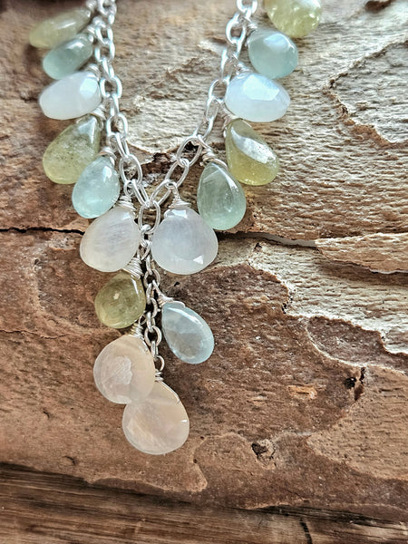 One of a Kind Moonstone, Aquamarine & Grossular Garnet Necklace