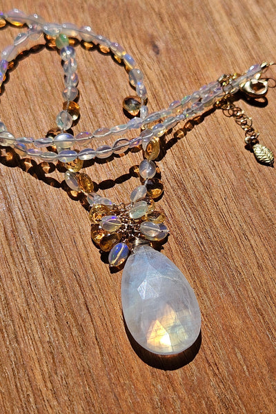 GF) One of a Kind Rainbow Moonstone, Citrine & Opal Necklace