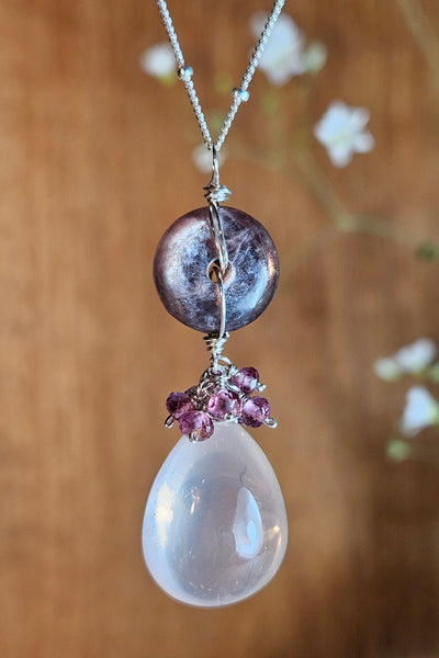 One of a Kind Rose Quartz, Gem Lepidolite & Rhodolite Necklace