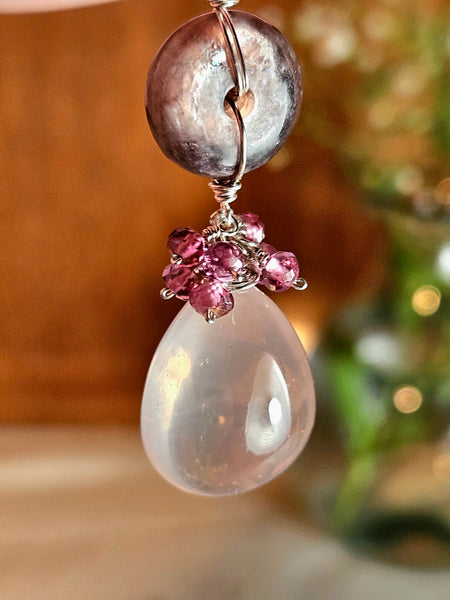 One of a Kind Rose Quartz, Gem Lepidolite & Rhodolite Necklace