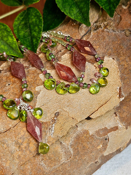 Peridot, Strawberry Quartz, Pink Tourmaline, Rhodolite & Green Apatite Necklace  NWH6026
