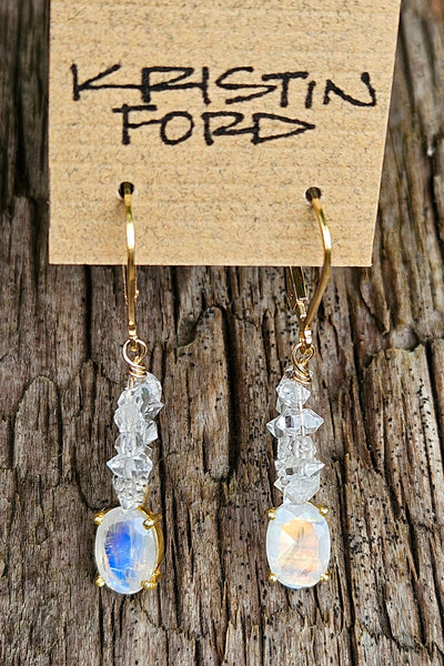 GF) Rainbow Moonstone & Herkimer Diamond Quartz Earrings  EWH6526G