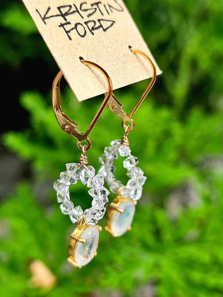 GF) Rainbow Moonstone & Herkimer Diamond Quartz Earrings  EWH6526G