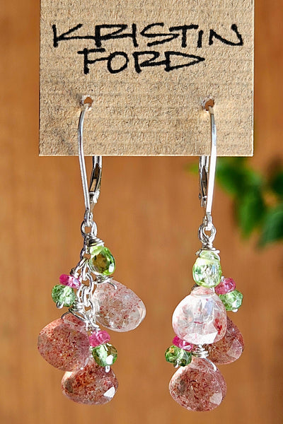 Strawberry Quartz, Peridot, Ruby & Green Apatite Earrings   ERD4826