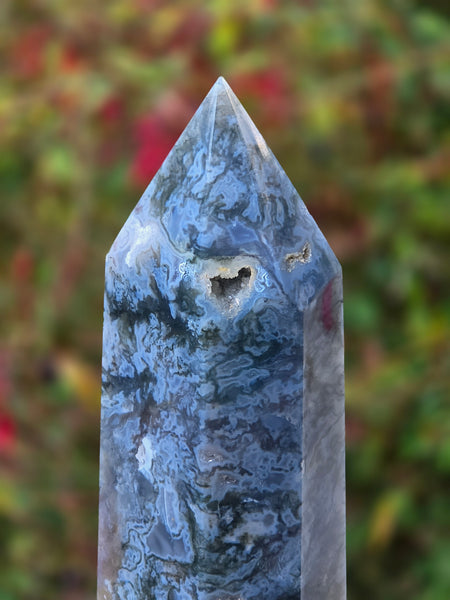 One of a Kind Moss Agate Tower with Druzy Heart Pocket