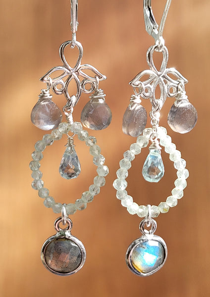 Labradorite, Silver Moonstone & Aquamarine Earrings EBK0419