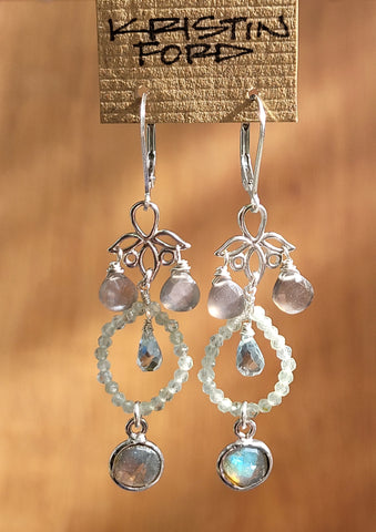 Labradorite, Silver Moonstone & Aquamarine Earrings EBK0419